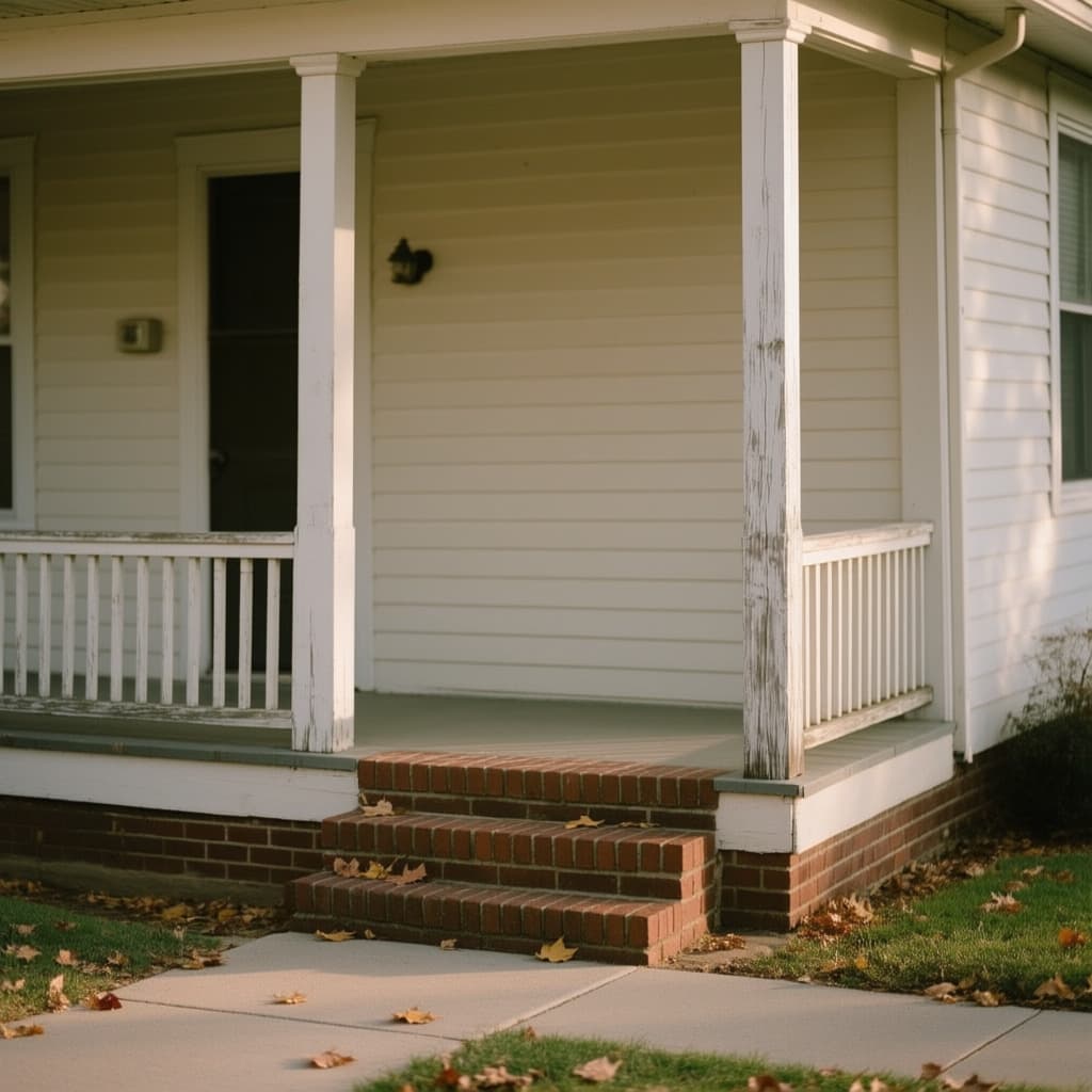A painted wooden porch post and railing above a weathered brick step, in soft daylight.