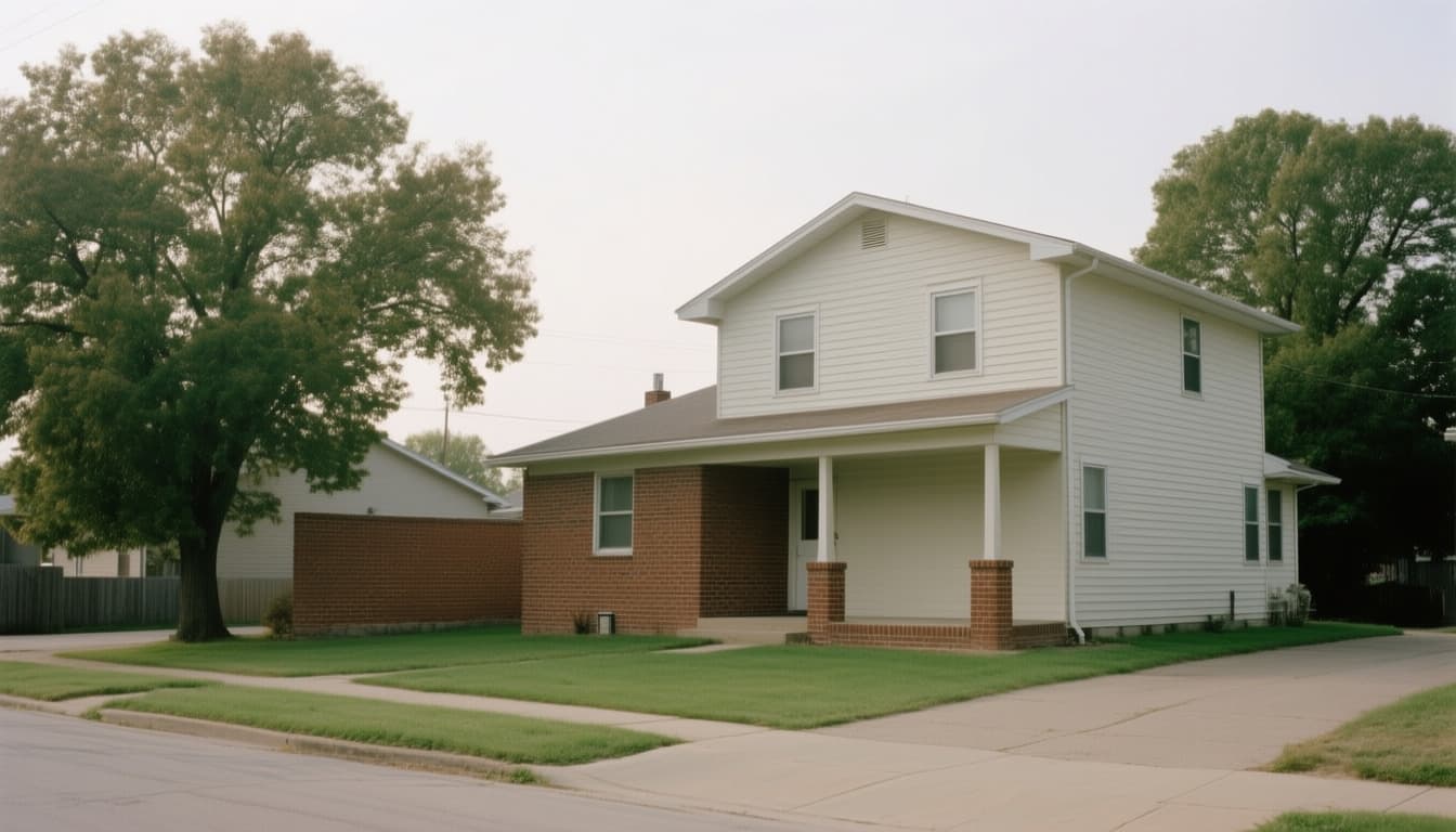 A two-story brick and painted-wood house on a quiet residential street, photographed on an overcast afternoon.